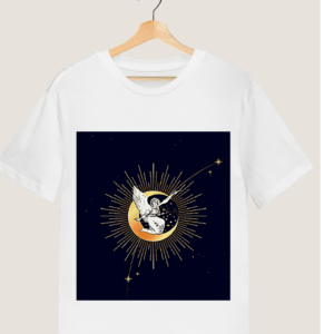 "Abstract Angel on Moon with Stars" printed round neck T shirt.