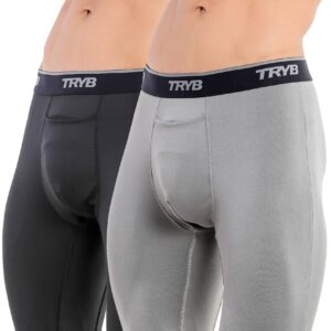 TRYB Mens Compression Shorts Long Leg Performance Underwear Spandex Running Workout Athletic Quick Dry Tights Boxer Brief Trunk (Pack of 2)