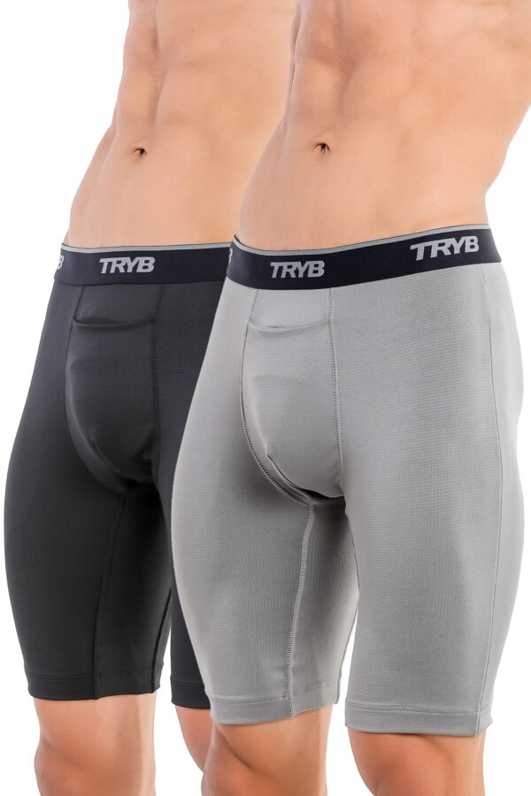 TRYB Mens Compression Shorts Long Leg Performance Underwear Spandex Running Workout Athletic Quick Dry Tights Boxer Brief Trunk (Pack of 2)