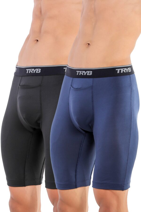 TRYB Mens Compression Shorts Long Leg Performance Underwear Spandex Running Workout Athletic Quick Dry Tights Boxer Brief Trunk (Pack of 2)
