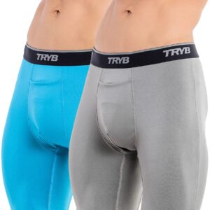 TRYB Mens Compression Shorts Long Leg Performance Underwear Spandex Running Workout Athletic Quick Dry Tights Boxer Brief Trunk (Pack of 2)