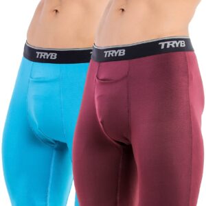 TRYB Mens Compression Shorts Long Leg Performance Underwear Spandex Running Workout Athletic Quick Dry Tights Boxer Brief Trunk (Pack of 2)