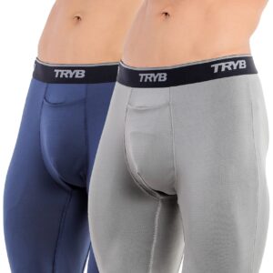 TRYB Mens Compression Shorts Long Leg Performance Underwear Spandex Running Workout Athletic Quick Dry Tights Boxer Brief Trunk (Pack of 2)