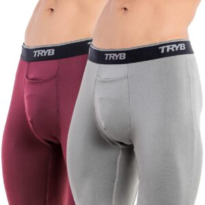 TRYB Mens Compression Shorts Long Leg Performance Underwear Spandex Running Workout Athletic Quick Dry Tights Boxer Brief Trunk (Pack of 2)