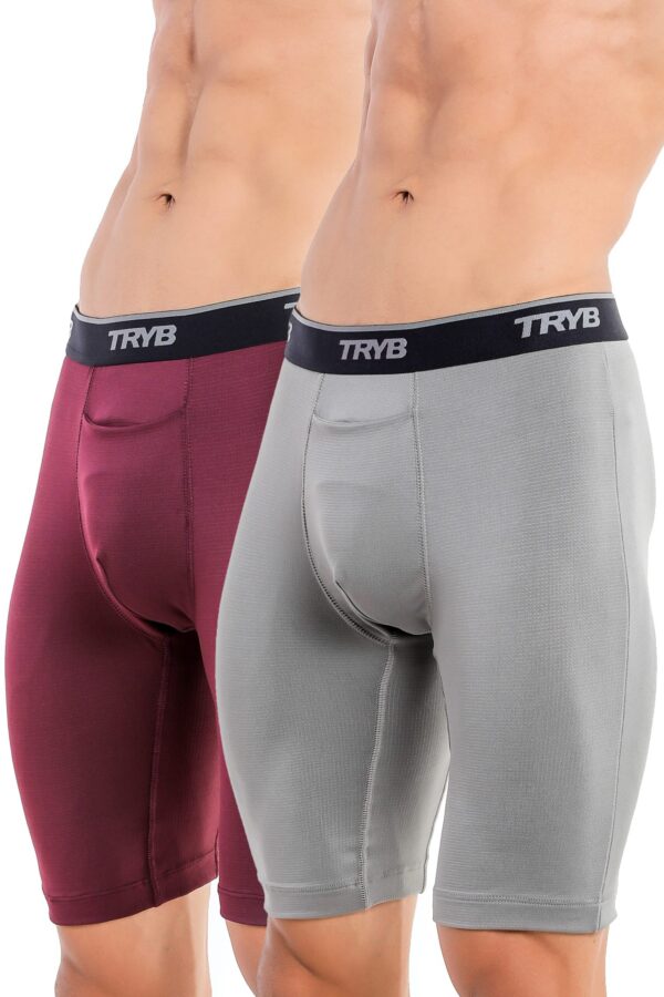 TRYB Mens Compression Shorts Long Leg Performance Underwear Spandex Running Workout Athletic Quick Dry Tights Boxer Brief Trunk (Pack of 2)
