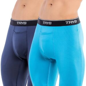TRYB Mens Compression Shorts Long Leg Performance Underwear Spandex Running Workout Athletic Quick Dry Tights Boxer Brief Trunk (Pack of 2)