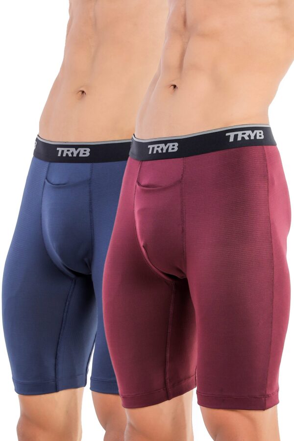 TRYB Mens Compression Shorts Long Leg Performance Underwear Spandex Running Workout Athletic Quick Dry Tights Boxer Brief Trunk (Pack of 2)