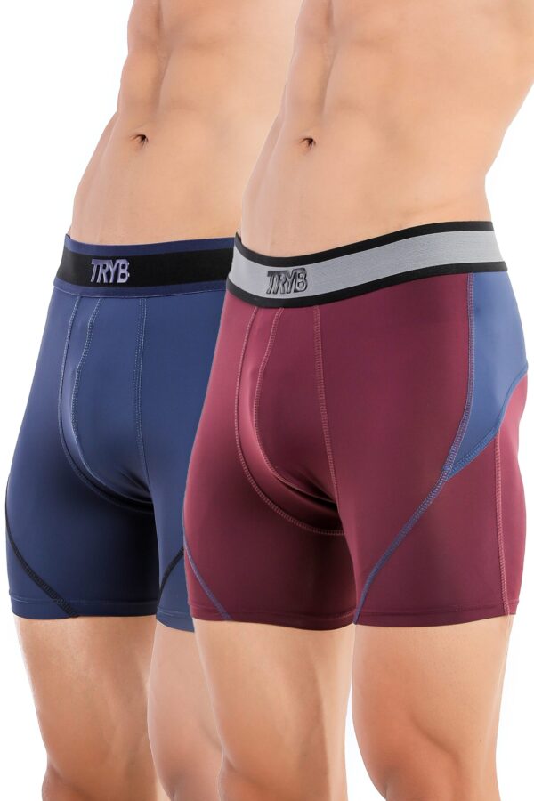 TRYB Mens Sport Performance Stretch Quick Dry Moisture Wicking Compression Athletic Two Tone Active Boxer H Trunk (Pack of 2)