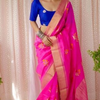 Pure Handloom Chanderi Pattu Katan Silk with tilfi meena weaved leaf weaved Saree.