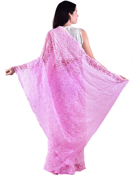 Chiffon Tepchi Embroidered Saree Pink