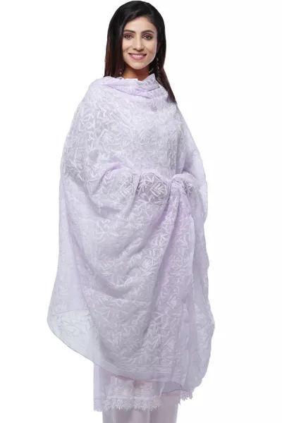 Lavender and White Georgette Chikankari Dupatta