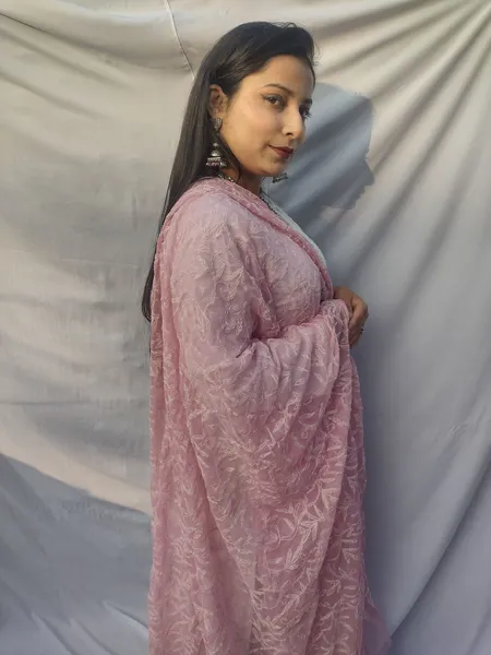Carrot Pink And White Chikankari Tapchi Duppata