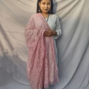 Carrot Pink And White Chikankari Tapchi Duppata