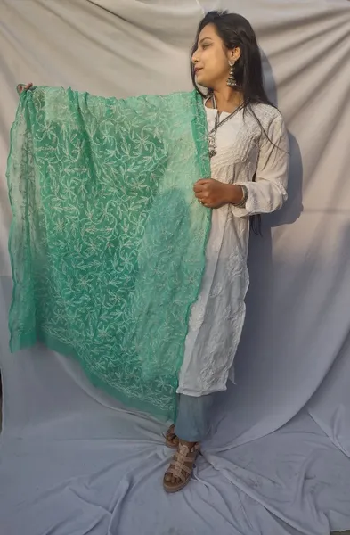 Sea Green And White Chikankari Tapchi Duppata
