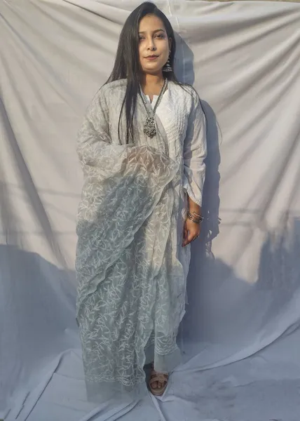 Ash Grey And White Chikankari Tapchi Duppata