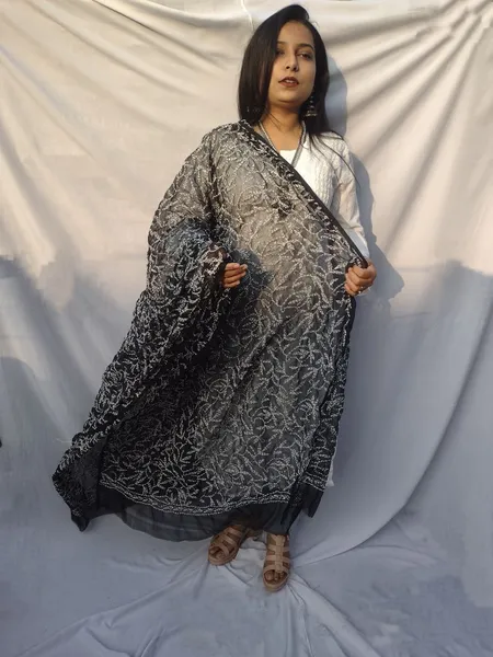 Black & White Georgette Chikankari Dupatta
