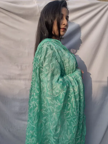 Sea Green And White Chikankari Tapchi Duppata