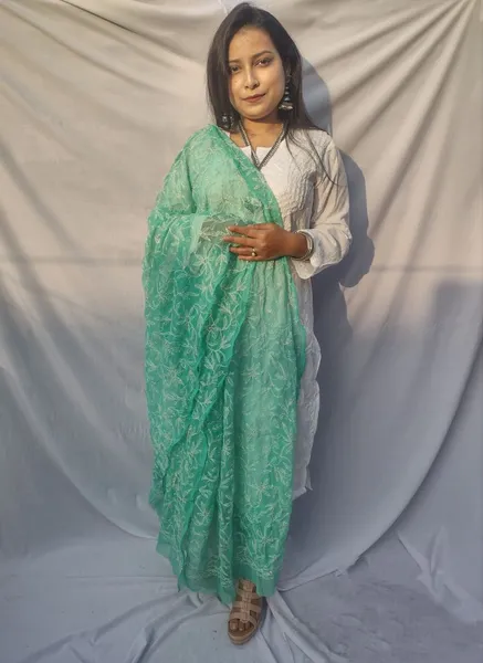 Sea Green And White Chikankari Tapchi Duppata