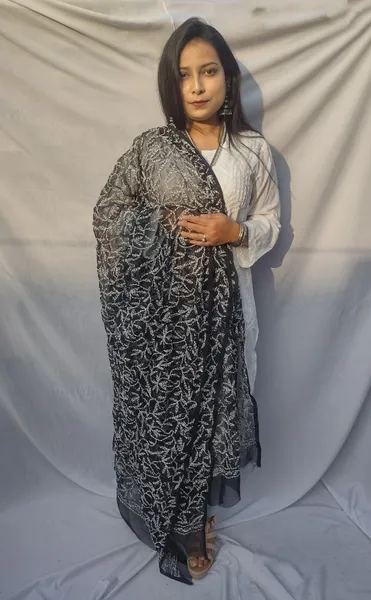 Black & White Georgette Chikankari Dupatta