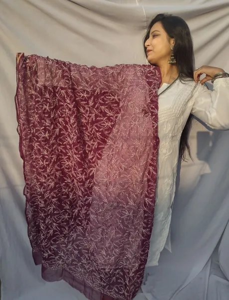 Wine And White Chikankari Tapchi Duppata