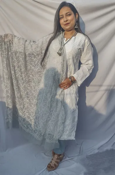 Ash Grey And White Chikankari Tapchi Duppata