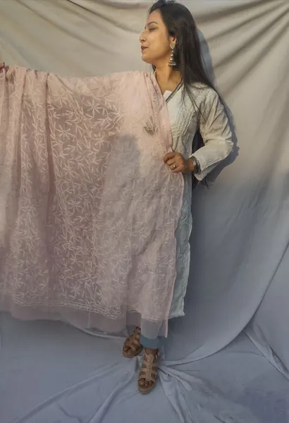 Baby Pink And White Chikankari Tapchi Duppata