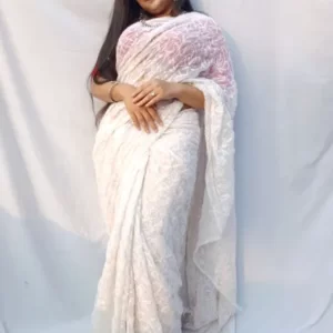 White Chiffon Tapchi Embroidered Saree