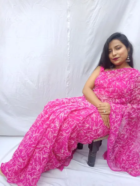 Chiffon Tepchi Embroidered Saree Dark Pink