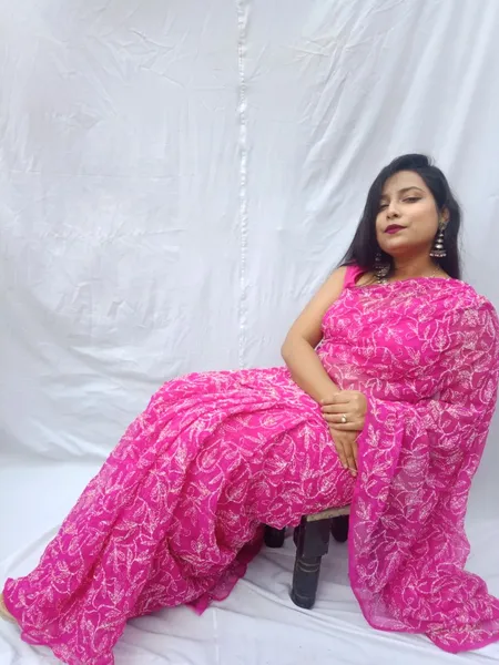 Chiffon Tepchi Embroidered Saree Dark Pink