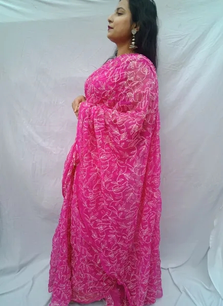 Chiffon Tepchi Embroidered Saree Dark Pink