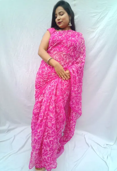 Chiffon Tepchi Embroidered Saree Dark Pink
