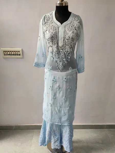 Blue Long Georgette Chikan Shimmery Kurti Set