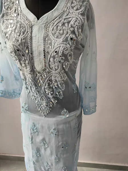 Blue Long Georgette Chikan Shimmery Kurti Set