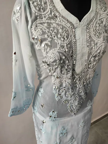 Blue Long Georgette Chikan Shimmery Kurti Set