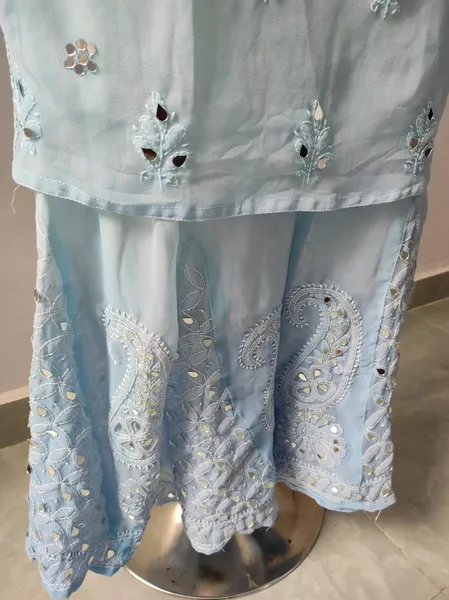 Blue Long Georgette Chikan Shimmery Kurti Set