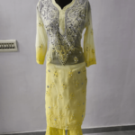 Yellow Long Georgette Chikan Shimmery Kurti Set