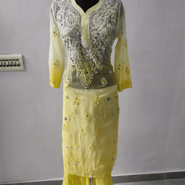 Yellow Long Georgette Chikan Shimmery Kurti Set
