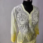Yellow Long Georgette Chikan Shimmery Kurti Set