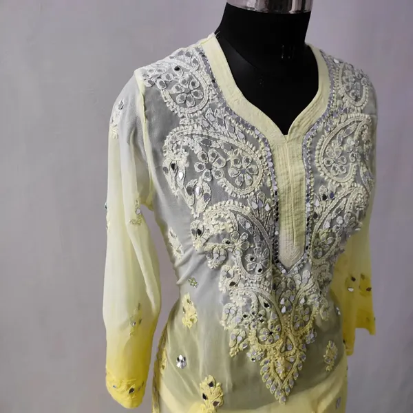 Yellow Long Georgette Chikan Shimmery Kurti Set