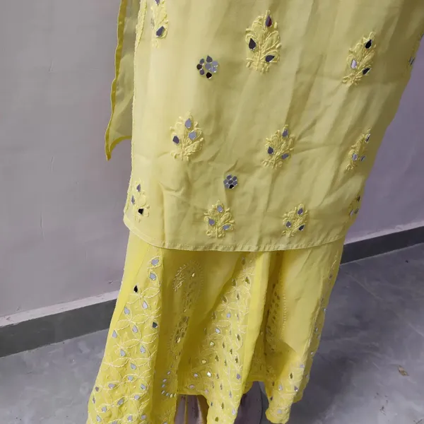Yellow Long Georgette Chikan Shimmery Kurti Set