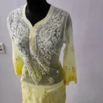 Yellow Long Georgette Chikan Shimmery Kurti Set