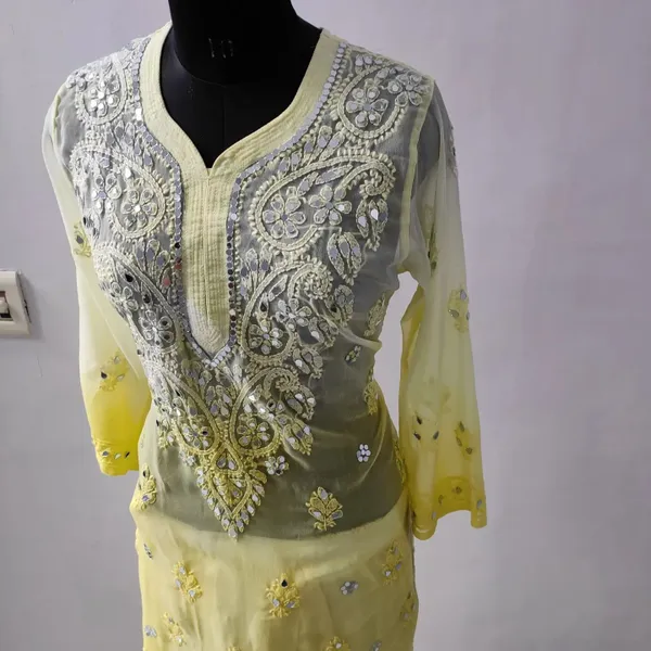 Yellow Long Georgette Chikan Shimmery Kurti Set