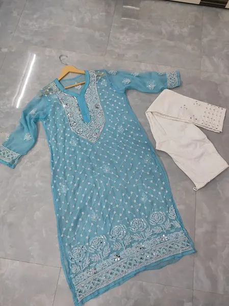 Rose Keel Jaal With Mirror And Jerkan Chikankari Set