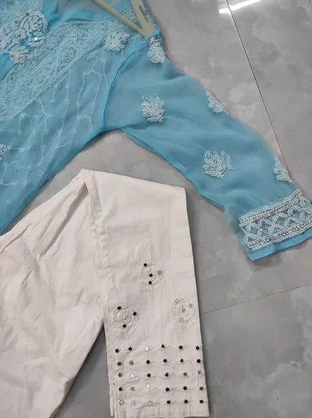 Rose Keel Jaal With Mirror And Jerkan Chikankari Set
