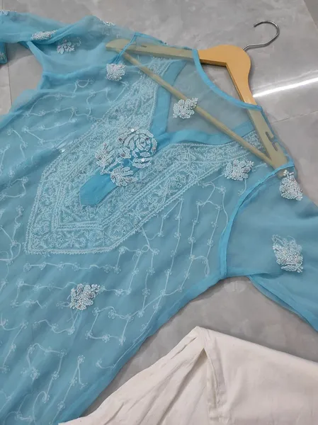 Rose Keel Jaal With Mirror And Jerkan Chikankari Set