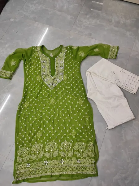 Green Long Georgette Chikan Shimmery Kurti Set