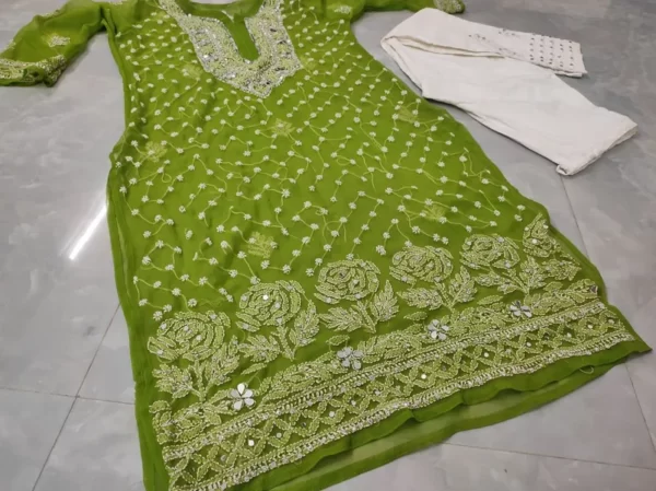 Green Long Georgette Chikan Shimmery Kurti Set