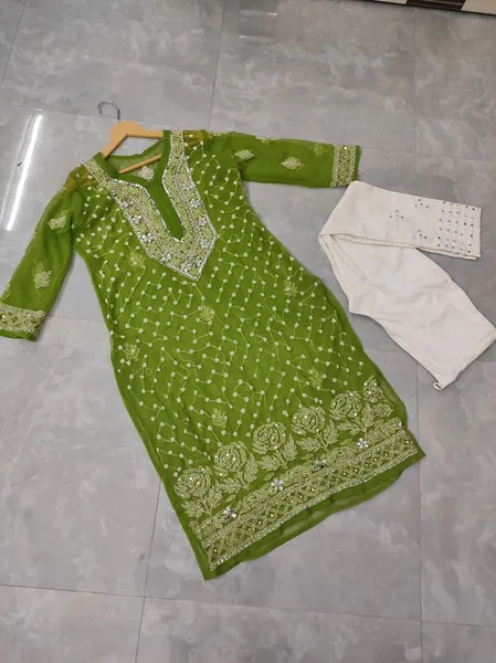 Green Long Georgette Chikan Shimmery Kurti Set