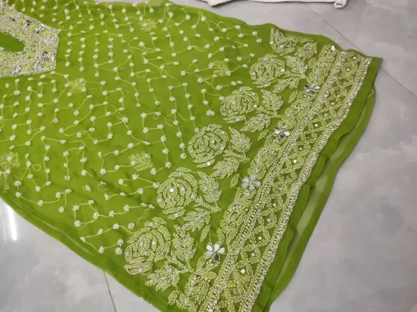 Green Long Georgette Chikan Shimmery Kurti Set