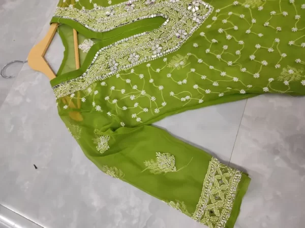 Green Long Georgette Chikan Shimmery Kurti Set
